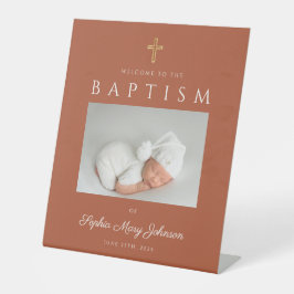 Modern Terracotta Cross Photo Baptism Welkom Reclamebord Met Voetstuk