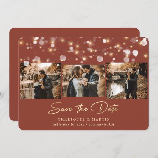 Modern Terracotta en Gold 3 Photo Save the Date (Voorkant / Achterkant)
