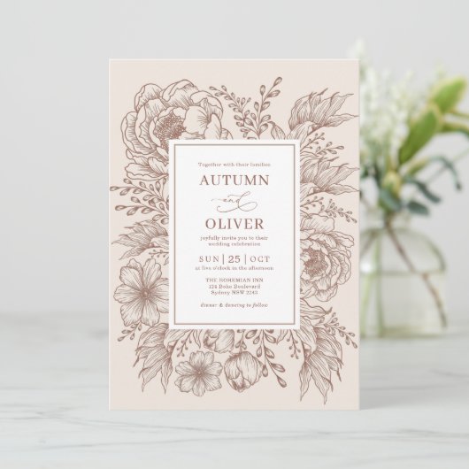 Modern  Terracotta Floral Wedding Kaart (Staand voorkant)