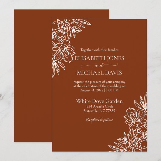 Modern Terracotta Floral Wedding Kaart (Voorkant / Achterkant)