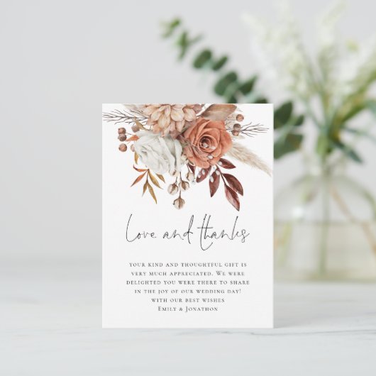 Modern Terracotta Florals Love Bedankt Wedding Briefkaart (Staand voorkant)