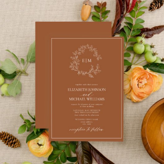 Modern Terracotta Leafy Crest Monogram Weddenschap Kaart