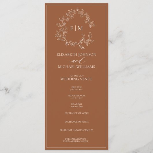 Modern Terracotta Leafy Crest Monogram Weddenschap Programmakaart (Voorkant)