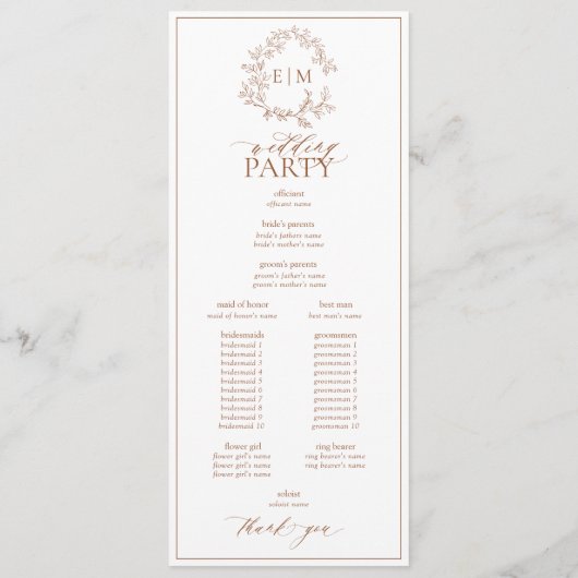 Modern Terracotta Leafy Crest Monogram Weddenschap Programmakaart (Achterkant)