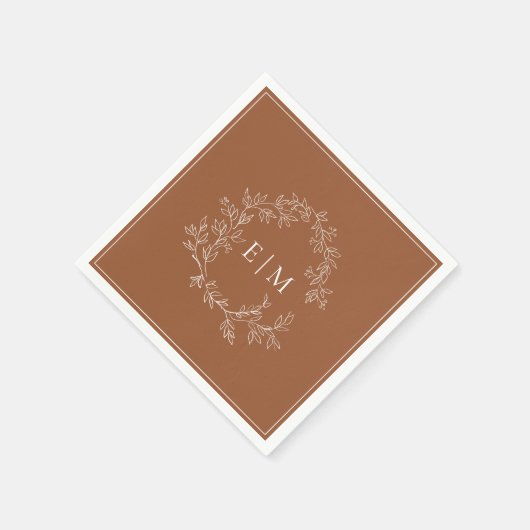 Modern Terracotta Leafy Crest Monogram Weddenschap Servet (Hoek)