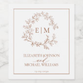 Modern Terracotta Leafy Crest Monogram Weddenschap Wijn Etiket (Enkel label)