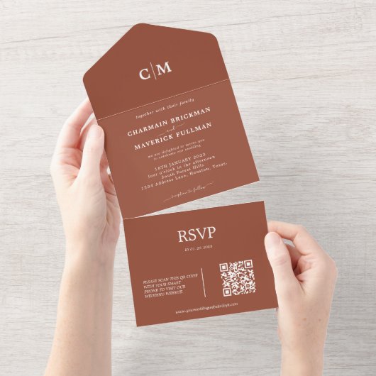 Modern Terracotta Monogram QR Code RSVP Weddenscha All In One Uitnodiging (Afscheurbaar)