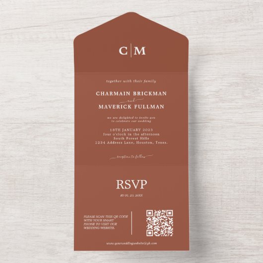 Modern Terracotta Monogram QR Code RSVP Weddenscha All In One Uitnodiging (Binnen)