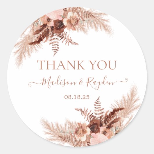 Modern Terracotta Pampas Wedding Bedankt Classic Ronde Sticker (Voorkant)