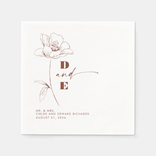 Modern Terracotta Peony Flower Couple Monogram Servet (Voorkant)
