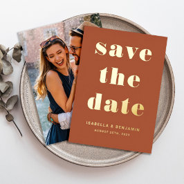 Modern Terracotta Photo Save the Date Gold Folie Uitnodiging