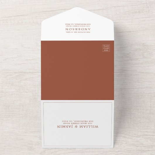 Modern Terracotta Rust in White Photo Wedding All In One Uitnodiging (Buitenkant)