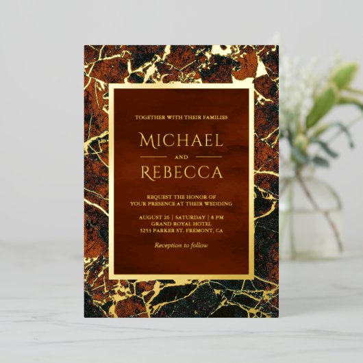 Modern Terracotta Rust Marble Photo Wedding Gold Folie Uitnodiging (Staand Voorkant)