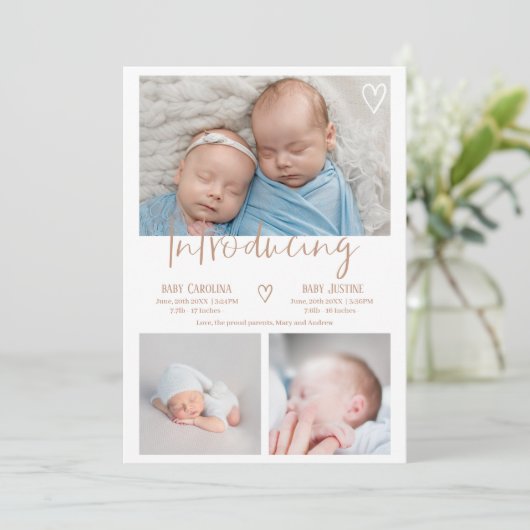 Modern terracotta script 3 foto baby tweeling gebo aankondiging (Staand voorkant)