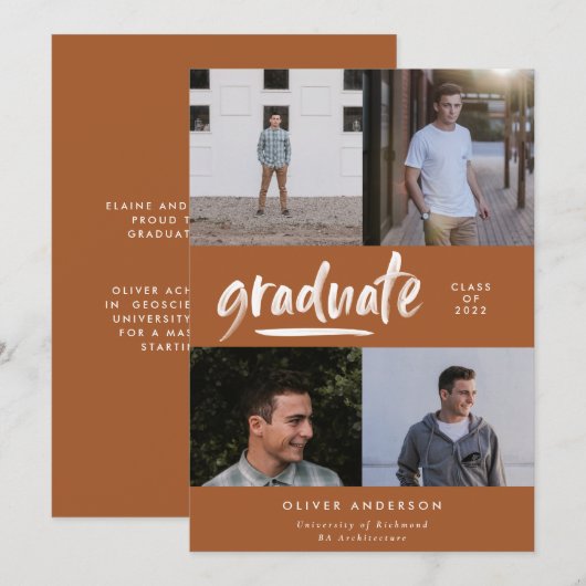 Modern terracotta script multi-foto afstuderen kaart (Voorkant / Achterkant)