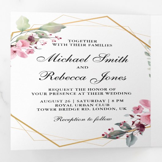 Modern Terrarium Roze Bloemen Fotocollage Trouwen Drieluik Uitnodiging (Binnenzijde eerst)