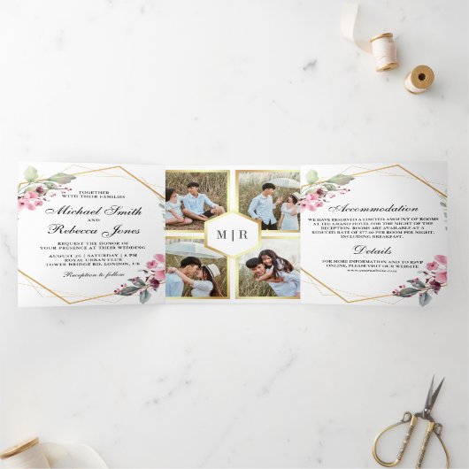 Modern Terrarium Roze Bloemen Fotocollage Trouwen Drieluik Uitnodiging (Binnen)