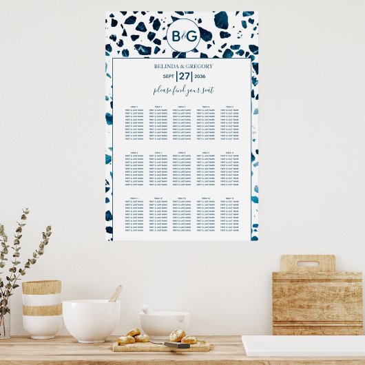 Modern Terrazzo Mosaic Blue Wedding Seating Chart Poster (Keuken)