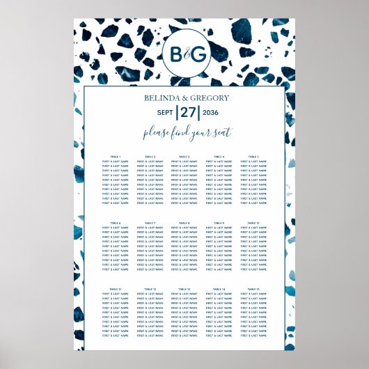 Modern Terrazzo Mosaic Blue Wedding Seating Chart Poster (Voorkant)