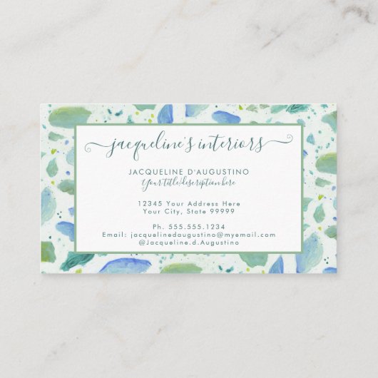 Modern Terrazzo Pattern Script Aqua Blue Green Visitekaartje (Achterkant)