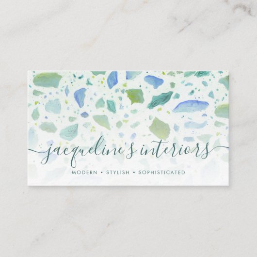 Modern Terrazzo Pattern Script Aqua Blue Green Visitekaartje (Voorkant)
