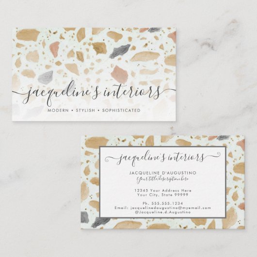 Modern Terrazzo Pattern Script Tan Rust Grey Retro Visitekaartje (Voorkant / Achterkant)
