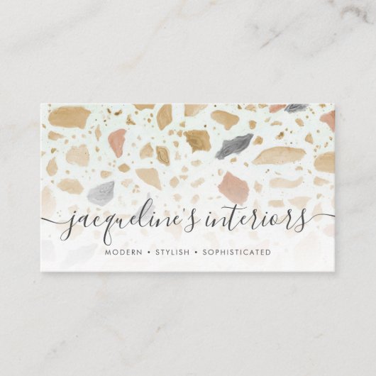 Modern Terrazzo Pattern Script Tan Rust Grey Retro Visitekaartje (Voorkant)