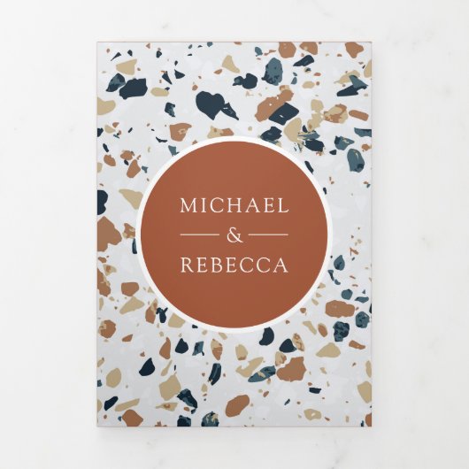 Modern Terrazzo Terracotta Arch QR Code Weddenscha Drieluik Uitnodiging (Cover)