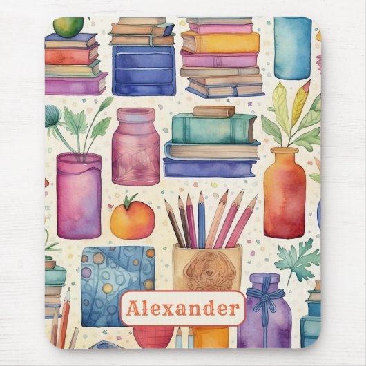 Modern Terug naar School Supplies Patroon Naam Muismat (Voorkant)