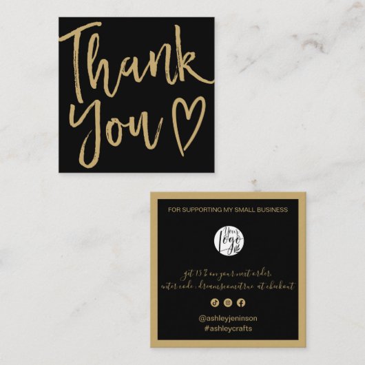 Modern thank you script order gold black vierkante visitekaartje (Voorkant / Achterkant)