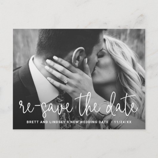 Modern Thin Script Photo Wedding Postponement Aankondigingskaart (Voorkant)