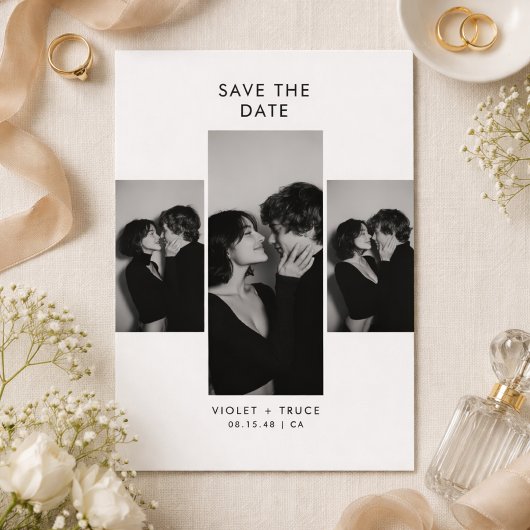Modern Three Photo Black and White Wedding Save The Date
