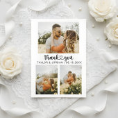 Modern Three Photo Collage Heart Script Wedding  Bedankkaart