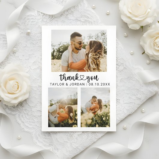 Modern Three Photo Collage Heart Script Wedding  Bedankkaart
