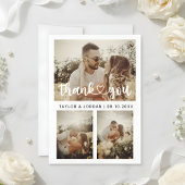 Modern Three Photo Collage Heart Script Wedding  Bedankkaart