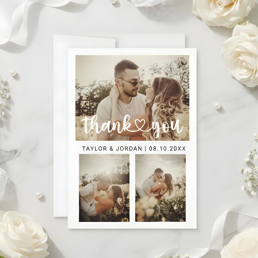 Modern Three Photo Collage Heart Script Wedding  Bedankkaart