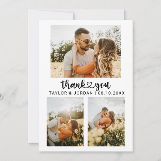 Modern Three Photo Collage Heart Script Wedding  Bedankkaart (Voorkant)