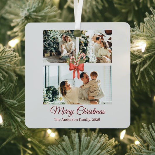Modern Three-Photo Holiday Family Collage Metalen Ornament (Insitu)