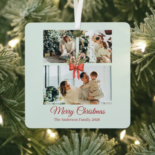 Modern Three-Photo Holiday Family Collage Metalen Ornament (Insitu)