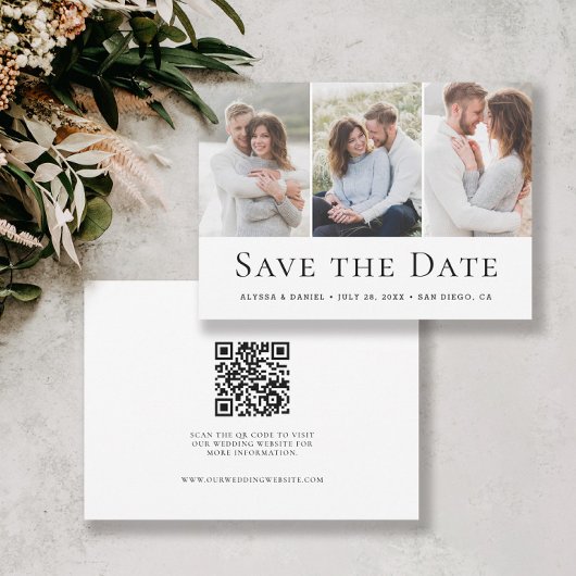 Modern Three Photo Wedding website QR Code Save The Date