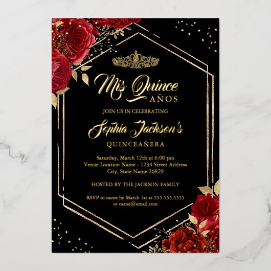 Modern Tiara Floral Red Gold Quinceanera Folie Uitnodiging (Voorkant)