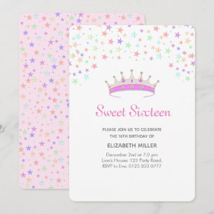 Modern Tiara & Multicolored Stars Sweet Sixteen Kaart