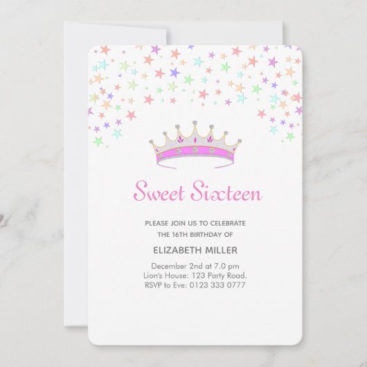 Modern Tiara & Multicolored Stars Sweet Sixteen Kaart (Voorkant)