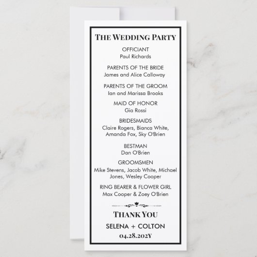 Modern tijdloos zwart-wit huwelijksprogramma (Achterkant)