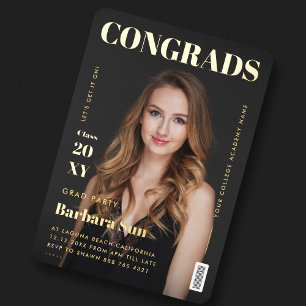 Modern Tijdschrift Zwart en Goud Afstudeerfeest Folie Uitnodiging
