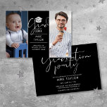 Modern toen en nu 2 foto afstudeerfeest kaart<br><div class="desc">Een stijlvolle uitnodiging voor afstudeerfeestjes met twee speciale foto's en een stijlvolle typografie op een zwarte achtergrond. Ontworpen door Thisnotme©</div>