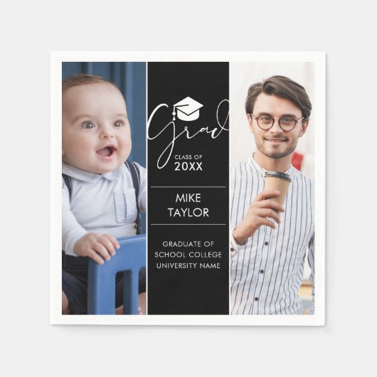 Modern toen en nu 2 foto afstudeerfeest servet (Voorkant)