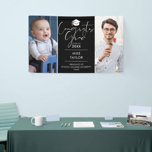 Modern toen en nu 2 foto afstudeerfeest spandoek (Beurs)