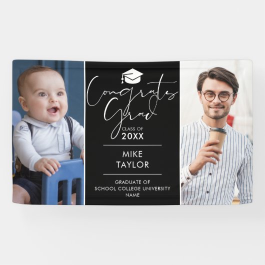 Modern toen en nu 2 foto afstudeerfeest spandoek (Horizontaal)