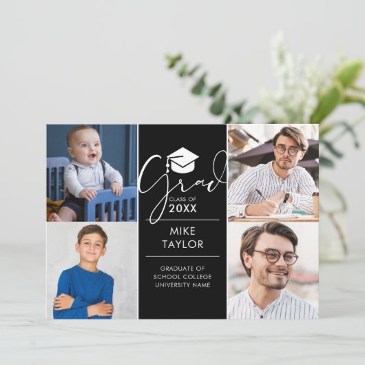 Modern toen en nu 4 foto afstudeerfeest kaart (Staand voorkant)